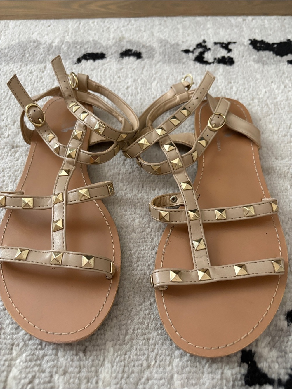 Studded Beige Leather T-Strap Sandals for Women